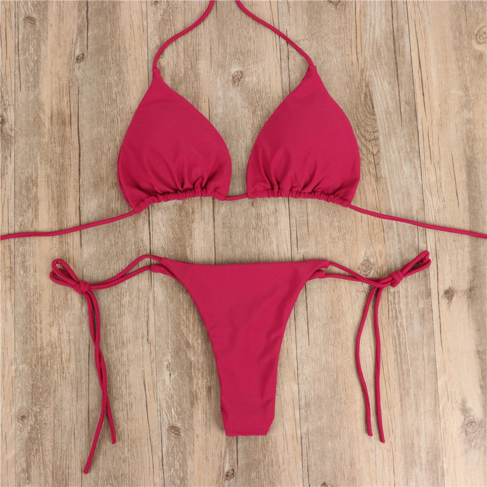 2pcs Halterneck Lace-up Bikini Women Summer Solid Color Sexy Split Strap Adjustable Swimsuit Suit 