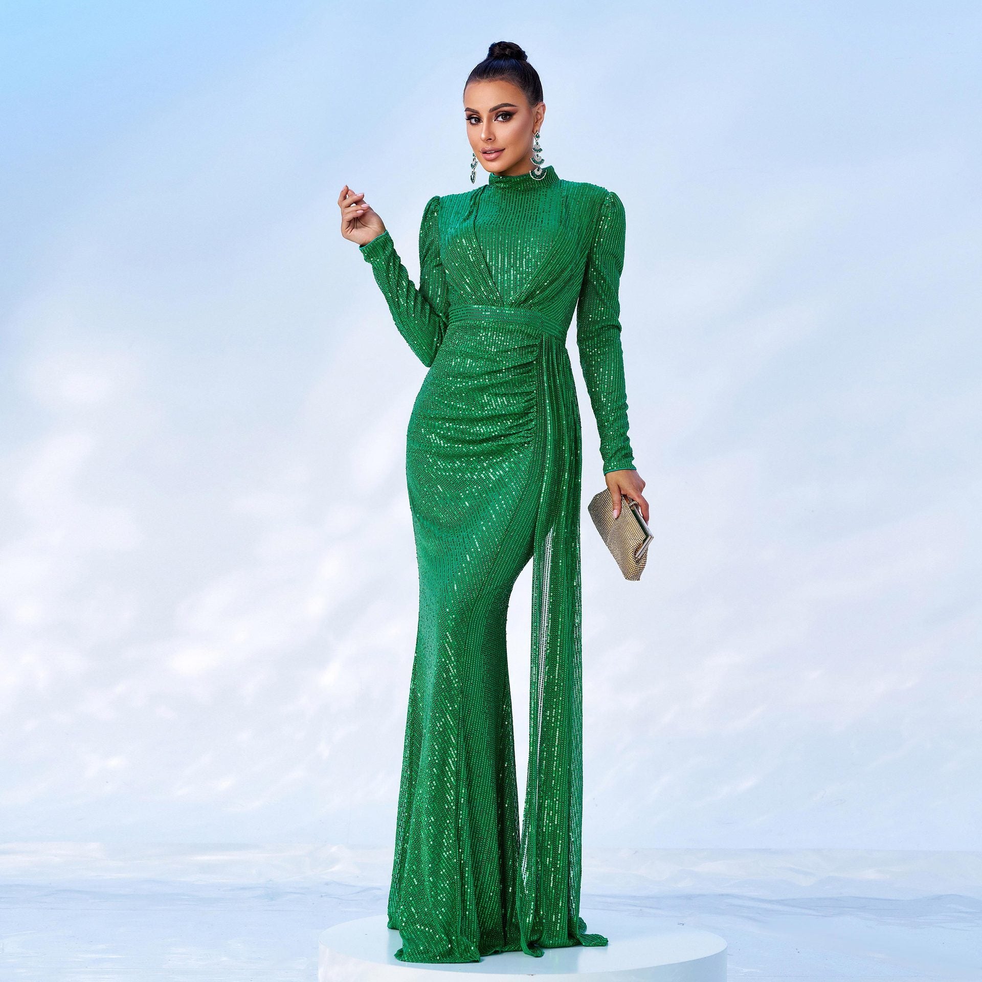 Long Sleeve Round Neck Sexy Slim Long Sequined Banquet Dress - 𝓢𝓱𝓸𝓹𝓵𝓮𝓬𝔂