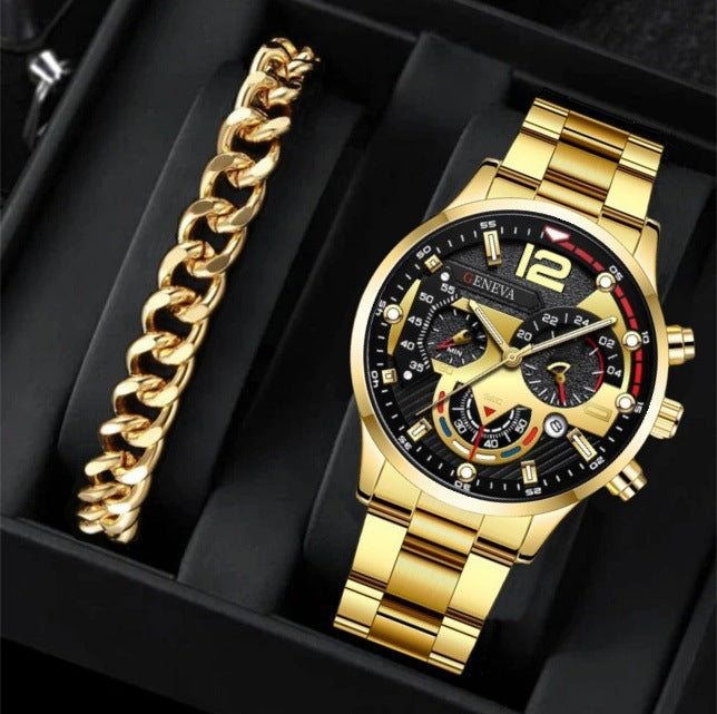 2pcs Men's New Popular Steel Strip Fashion Business Three Eye Quartz Watch Bracelet Set Valentine's Day Gifts - 𝓢𝓱𝓸𝓹𝓵𝓮𝓬𝔂