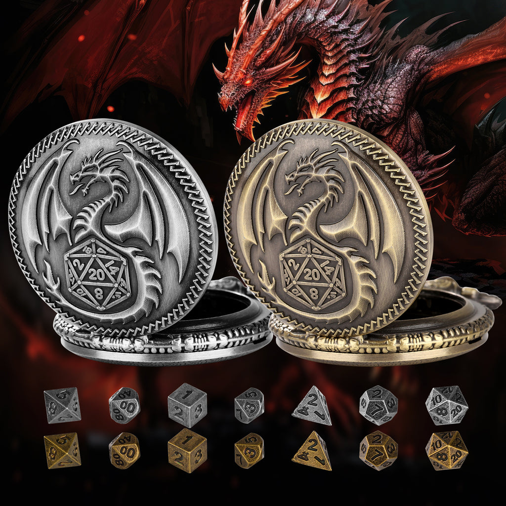 Dragon Pocket Watch Set With Thick Chain And Mini DND Dice Set Equipped With 7 Game Polyhedral Metal Dice Dragon And Dungeon Tabletop Role-playing Game Dice - 𝓢𝓱𝓸𝓹𝓵𝓮𝓬𝔂