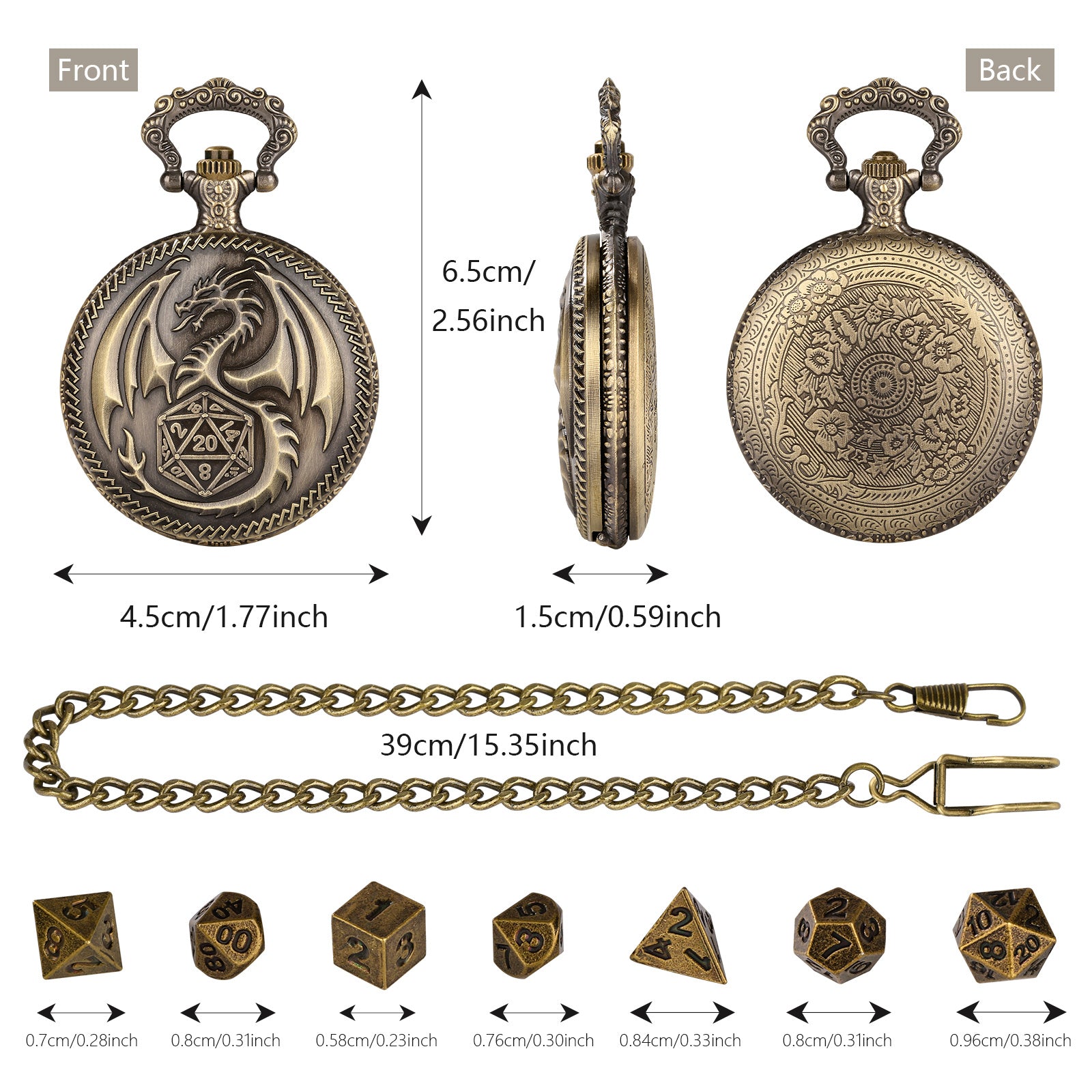 Dragon Pocket Watch Set With Thick Chain And Mini DND Dice Set Equipped With 7 Game Polyhedral Metal Dice Dragon And Dungeon Tabletop Role-playing Game Dice - 𝓢𝓱𝓸𝓹𝓵𝓮𝓬𝔂