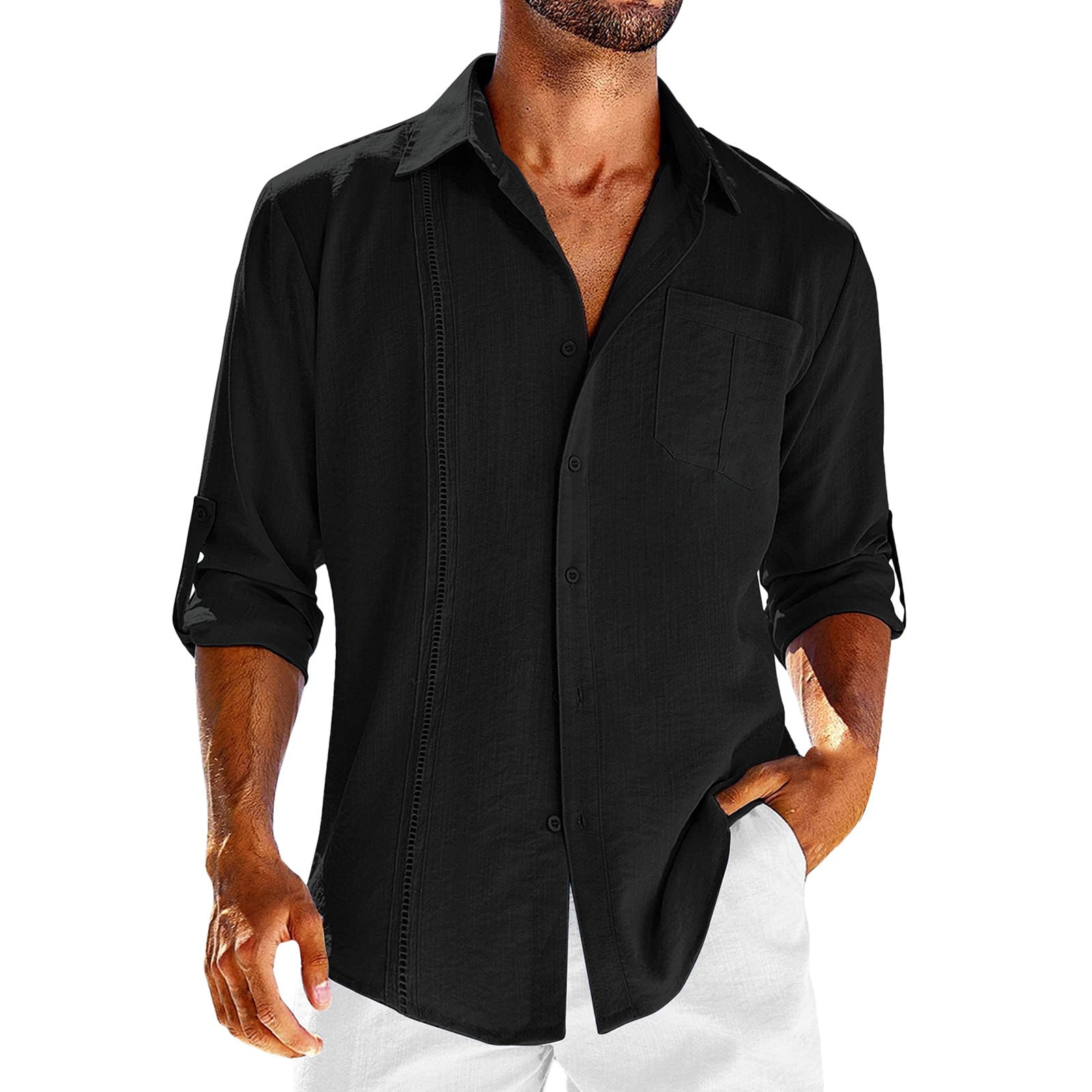 Casual  Long Sleeve Shirt With Pocket Lace Polo Collar Solid Color Button Mens Clothing - 𝓢𝓱𝓸𝓹𝓵𝓮𝓬𝔂