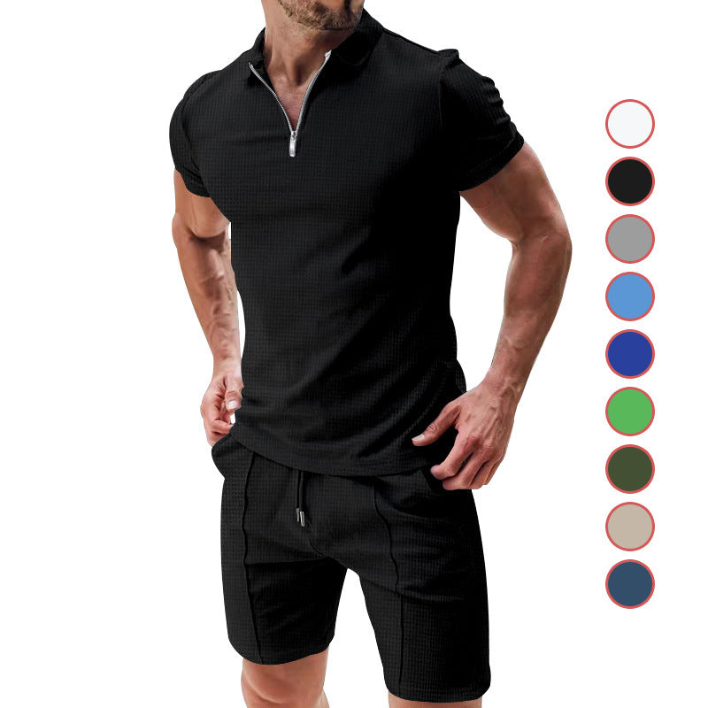 2Pcs Casual Waffle Suit Summer Zipper Lapel Short-sleeved Top And Drawstring Pockets Shorts Versatile Solid Color T-shirt Set For Mens Clothing - 𝓢𝓱𝓸𝓹𝓵𝓮𝓬𝔂