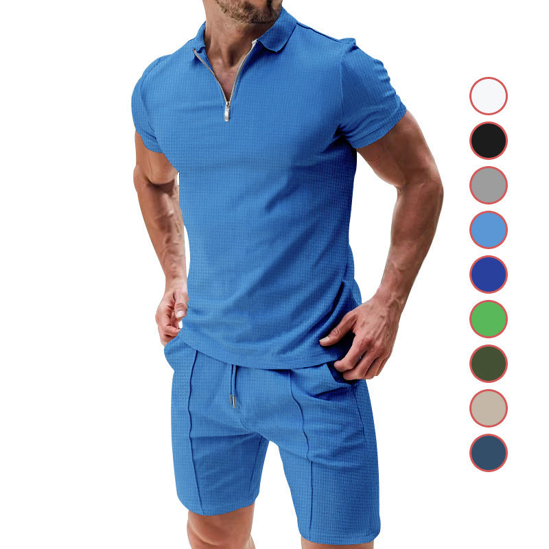 2Pcs Casual Waffle Suit Summer Zipper Lapel Short-sleeved Top And Drawstring Pockets Shorts Versatile Solid Color T-shirt Set For Mens Clothing - 𝓢𝓱𝓸𝓹𝓵𝓮𝓬𝔂