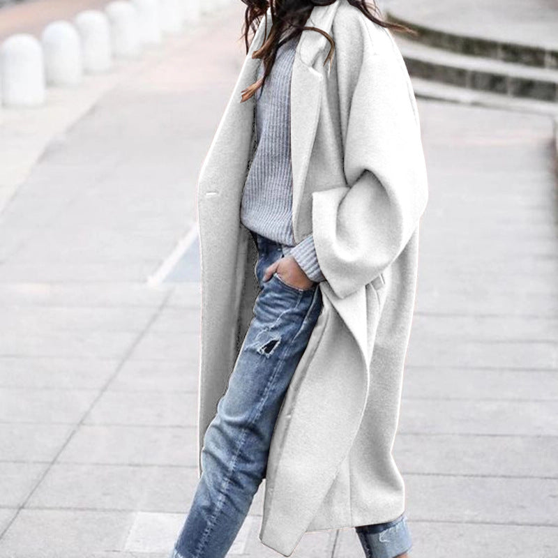 Casual Long Jacket With Pockets Solid Color Single Breasted Lapel Woolen Coat For Women Warm Winter Clothing - 𝓢𝓱𝓸𝓹𝓵𝓮𝓬𝔂