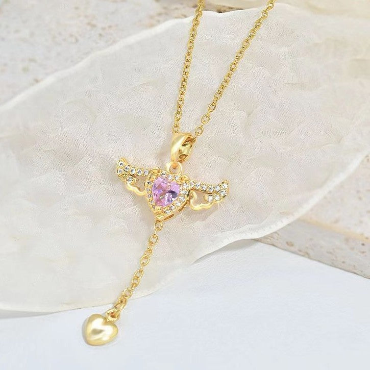 Moving Cupid Heart Angel Wings Tassel Necklace With Crystal Clavicle Chain Women Jewelry Gift Valentine's Day - 𝓢𝓱𝓸𝓹𝓵𝓮𝓬𝔂