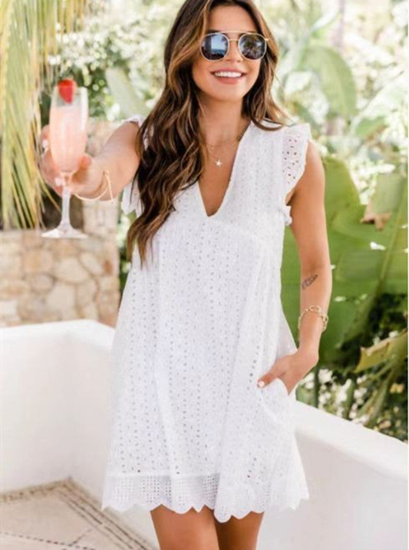Lace Dresses With Pocket Summer Sleeveless Jacquard Cutout V-Neck Beach Dress - 𝓢𝓱𝓸𝓹𝓵𝓮𝓬𝔂
