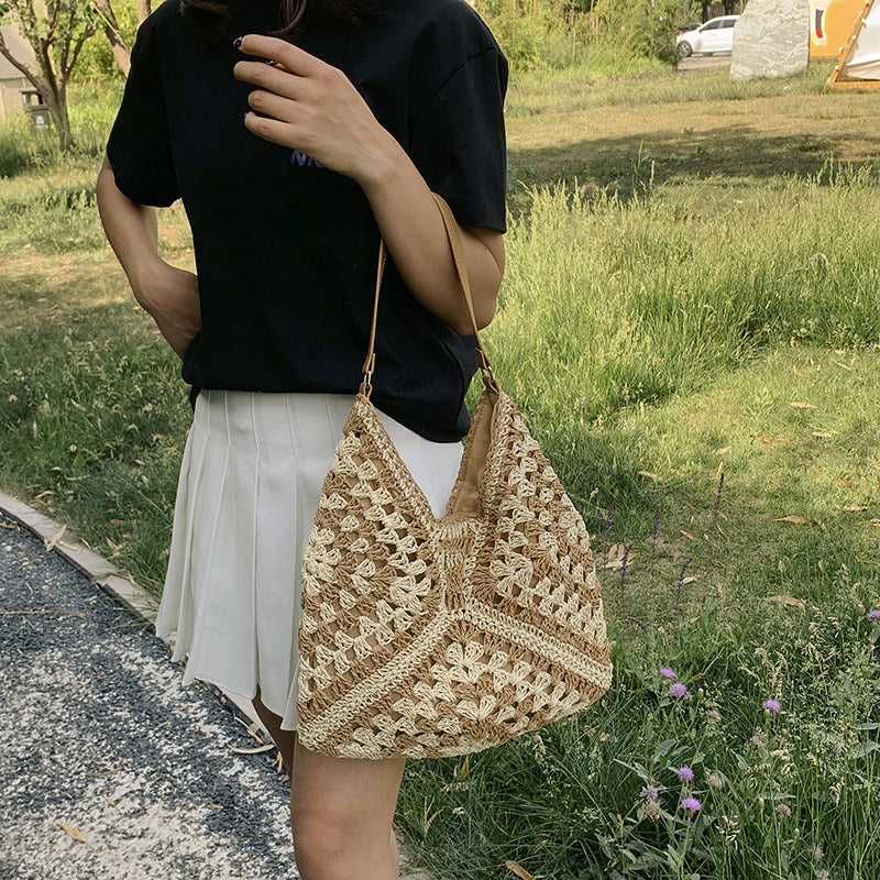 Women's Fashion Handmade Straw Woven Hollow Contrast Color Weave Shoulder Bag - 𝓢𝓱𝓸𝓹𝓵𝓮𝓬𝔂