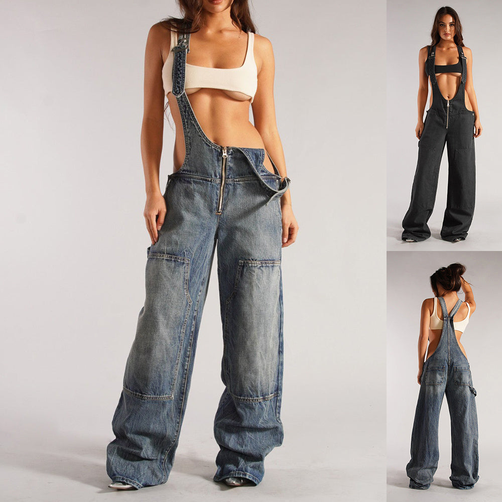Y2K Zipper Denim Overalls With Pockets Fashion Loose Suspender Jumpsuit Streetwear Jeans Pants Womens Clothing - 𝓢𝓱𝓸𝓹𝓵𝓮𝓬𝔂