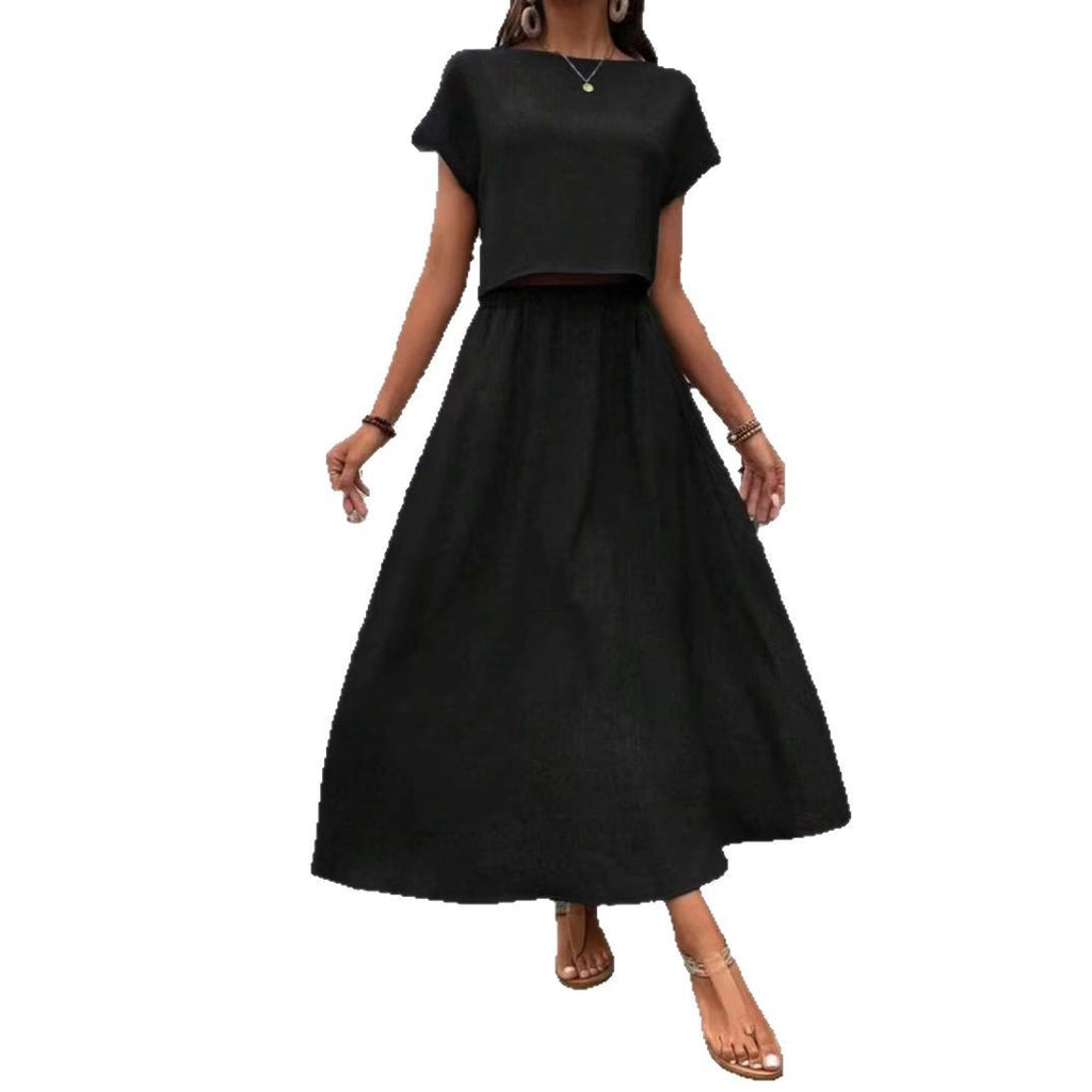 2 Piece Set Women's Solid Color Short Sleeve Top And Casual A- Line Dress Suit - 𝓢𝓱𝓸𝓹𝓵𝓮𝓬𝔂