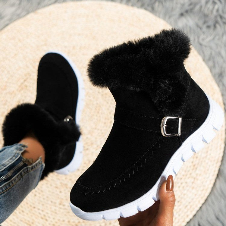 New Snow Boots Winter Warm Thickened Solid Color Plush Ankle Boots With Buckle Design Plus Velvet Flat Shoes For Women - 𝓢𝓱𝓸𝓹𝓵𝓮𝓬𝔂