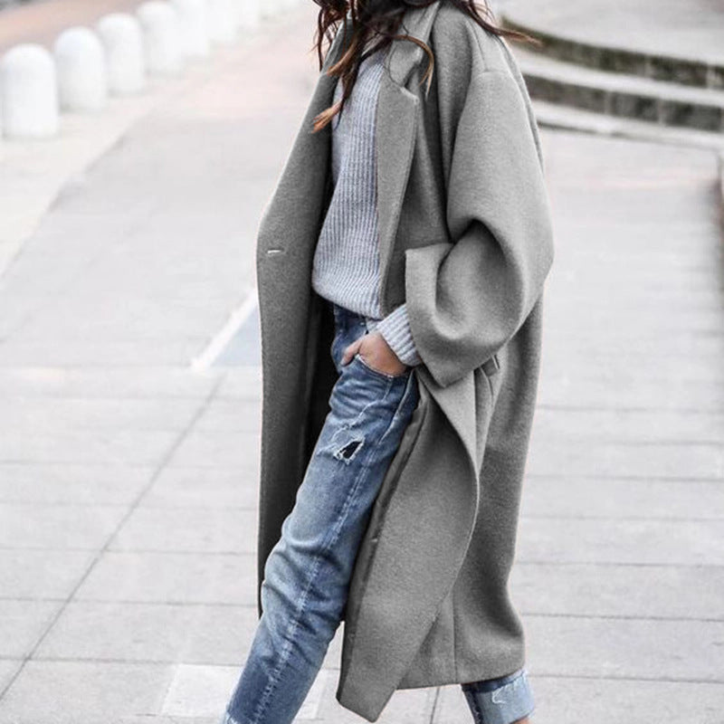 Casual Long Jacket With Pockets Solid Color Single Breasted Lapel Woolen Coat For Women Warm Winter Clothing - 𝓢𝓱𝓸𝓹𝓵𝓮𝓬𝔂