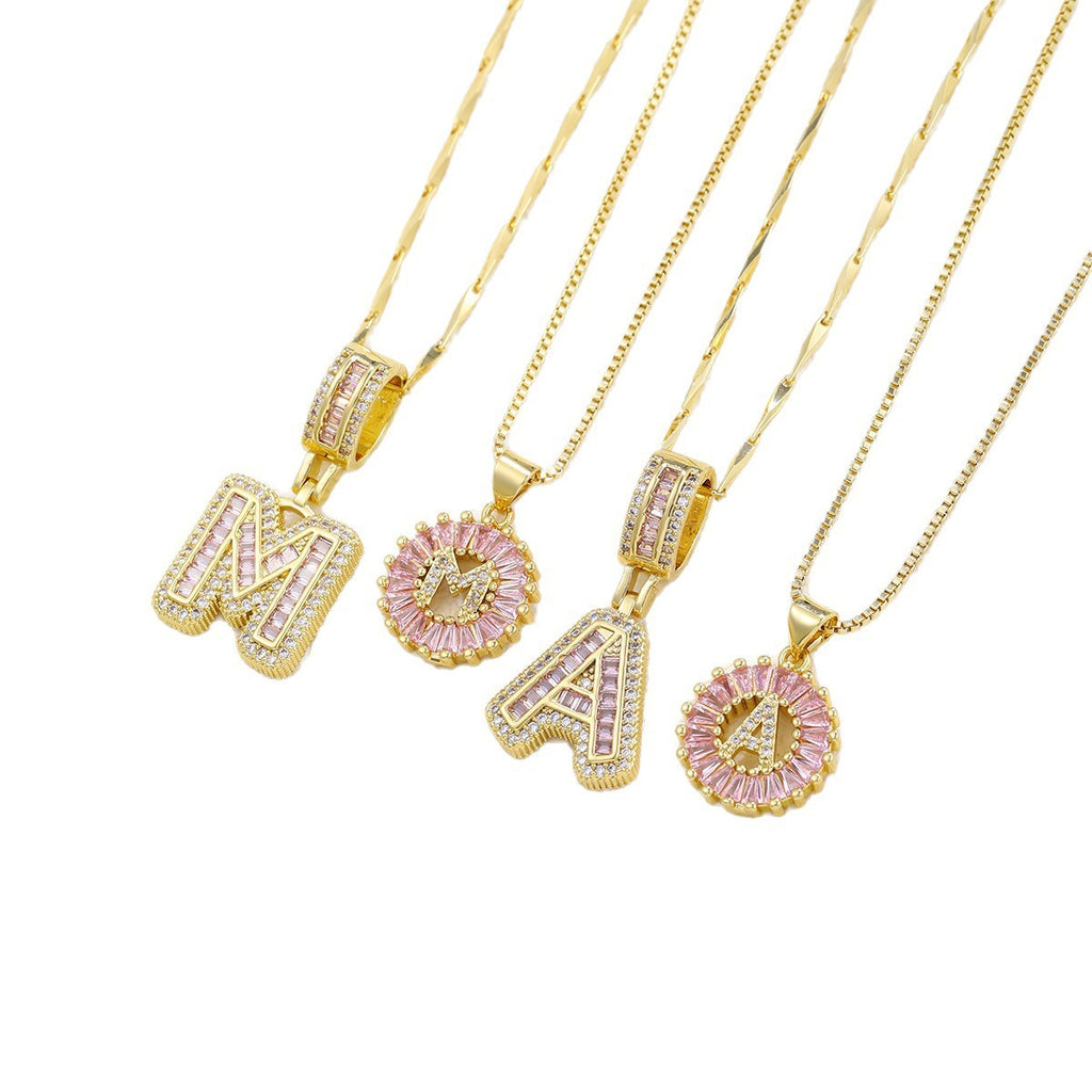 26 Letter Pendant Necklace Copper Inlaid Zirconium Plated Real Gold