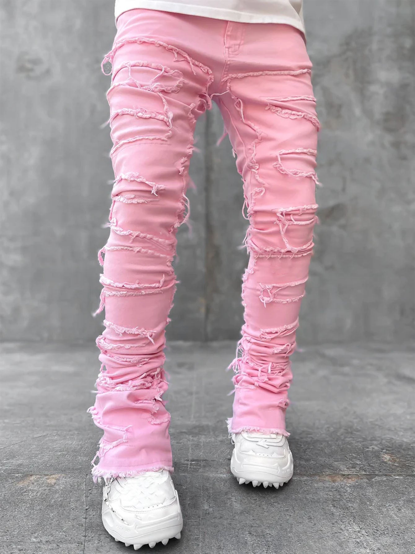 Men Trousers Individual Patched Pants Long Tight Fit Stacked Jeans For Mens Clothing - 𝓢𝓱𝓸𝓹𝓵𝓮𝓬𝔂