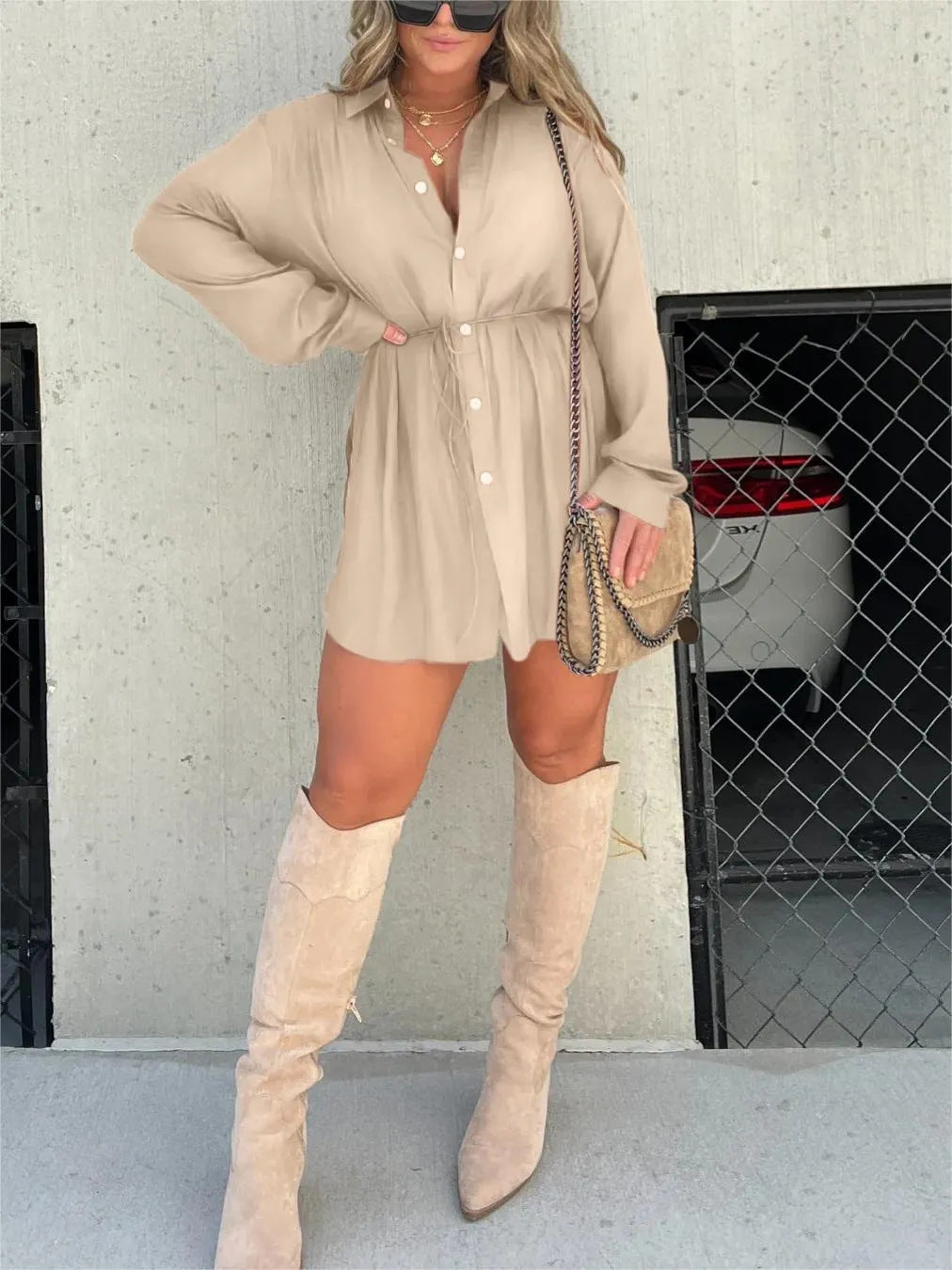 Women's Long Sleeve Jumpsuit With Button Fashion Shirt Dress - 𝓢𝓱𝓸𝓹𝓵𝓮𝓬𝔂