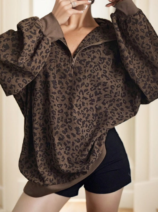 Women Casual Zip Up Front Long Sleeve Leopard Print Sweatshirt - 𝓢𝓱𝓸𝓹𝓵𝓮𝓬𝔂