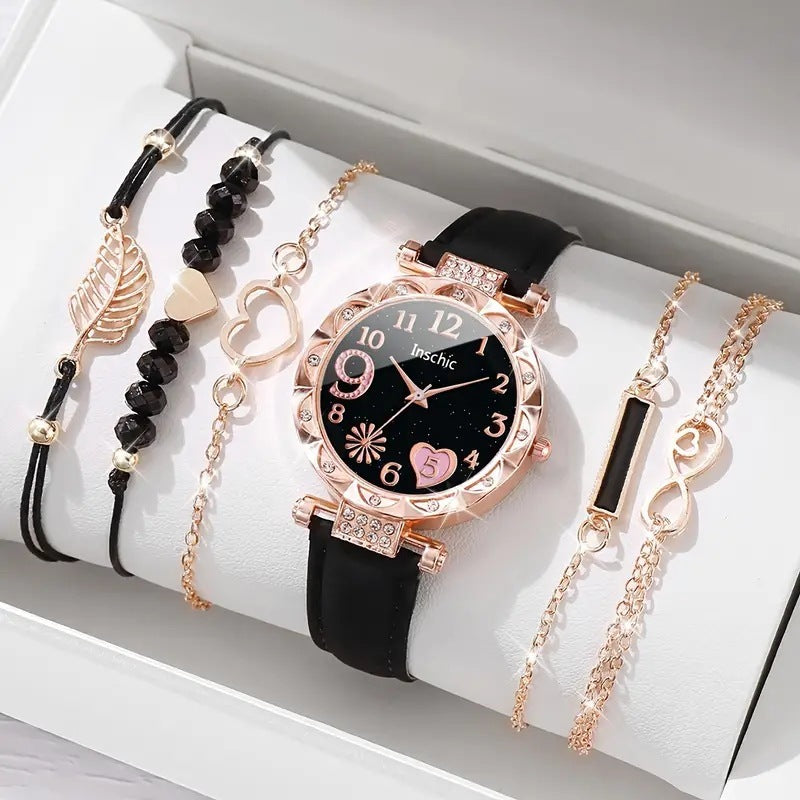 Women's Diamond Dial Belt Quartz Watch Beaded Bracelet Suit - 𝓢𝓱𝓸𝓹𝓵𝓮𝓬𝔂