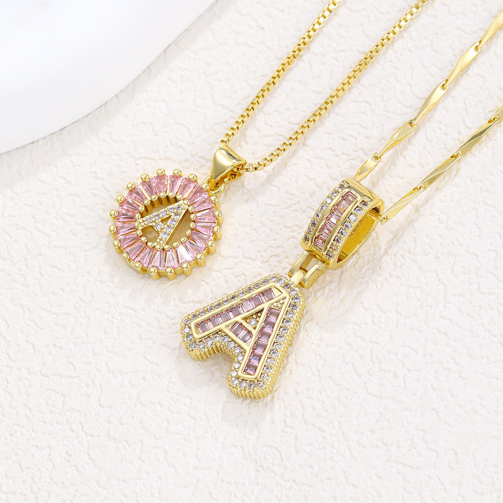 26 Letter Pendant Necklace Copper Inlaid Zirconium Plated Real Gold