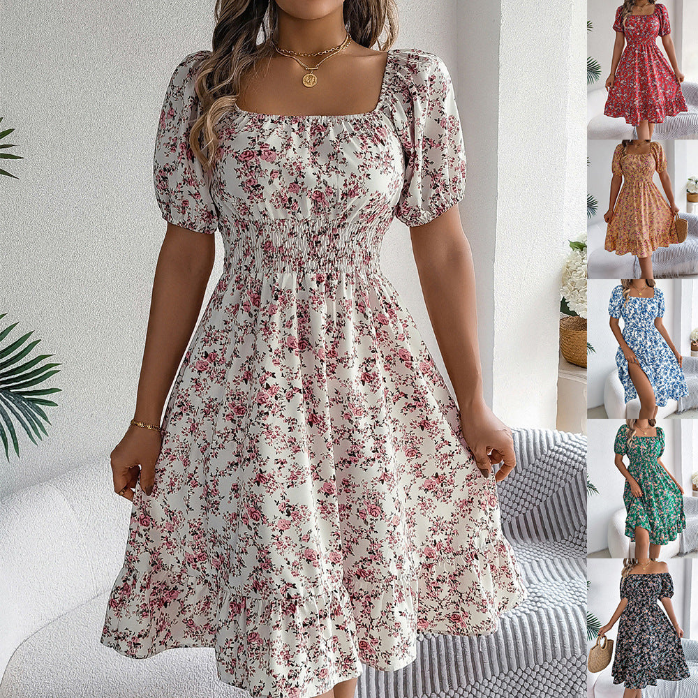 Floral Print Square Collar Dress Summer Fashion Ruffles Dresses Women's Clothing - 𝓢𝓱𝓸𝓹𝓵𝓮𝓬𝔂