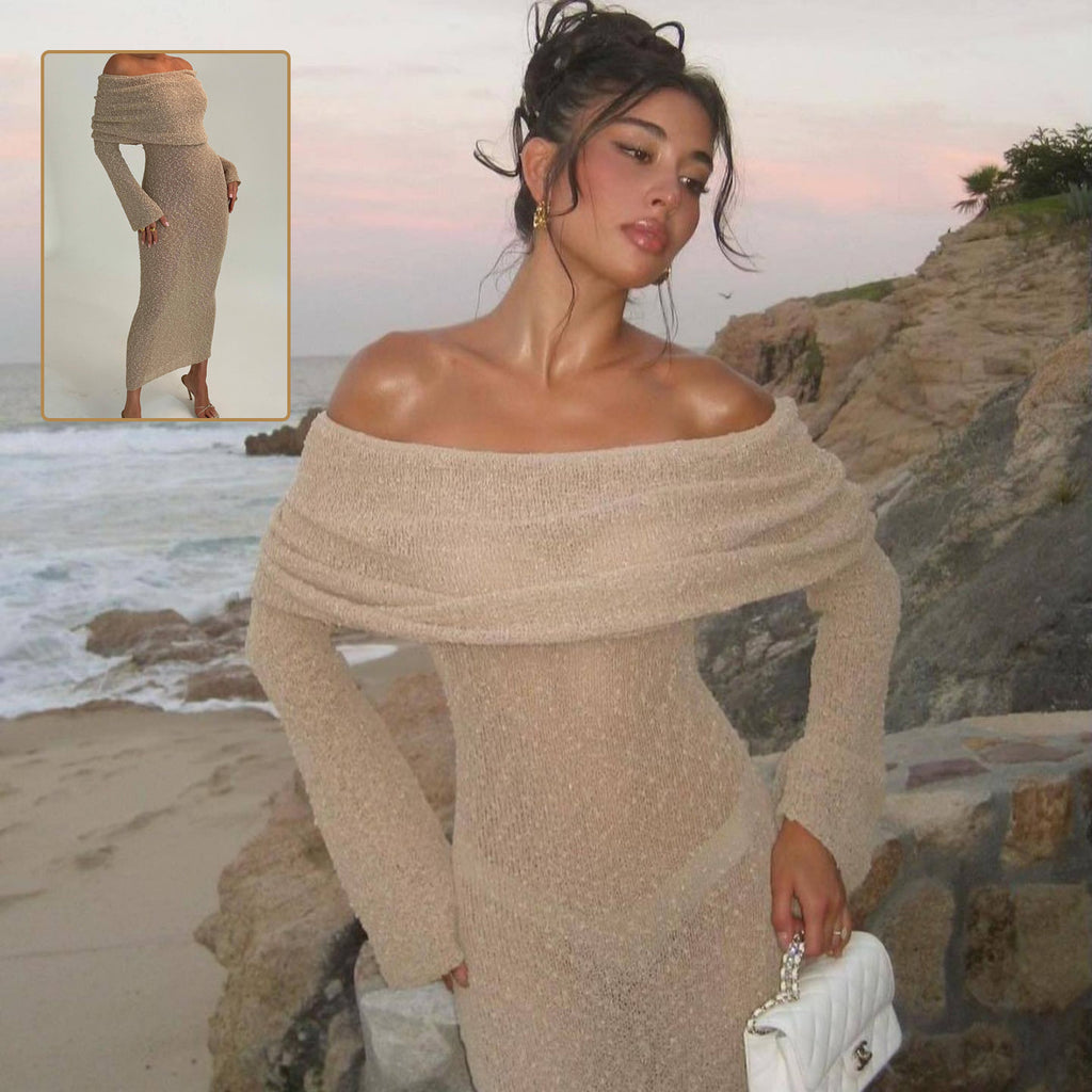 New One-shoulder Knitted Long-sleeved Dress Sexy Beach Holiday Long Dresses Womens Clothing - 𝓢𝓱𝓸𝓹𝓵𝓮𝓬𝔂