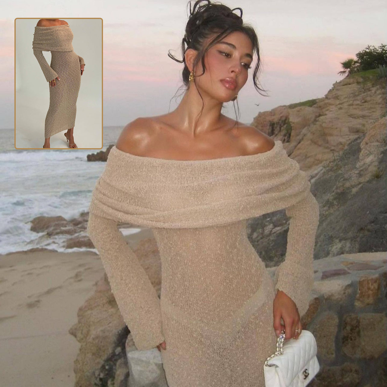 New One-shoulder Knitted Long-sleeved Dress Sexy Beach Holiday Long Dresses Womens Clothing - 𝓢𝓱𝓸𝓹𝓵𝓮𝓬𝔂