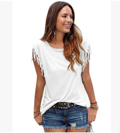 Wish quick sale eBay ladies Europe and America big size round neck short sleeve cuffs tassel T-shirt cotton tops - 𝓢𝓱𝓸𝓹𝓵𝓮𝓬𝔂