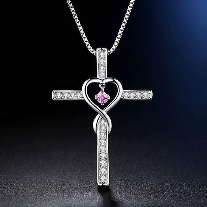 Infinity Love God We Trust Christian Cross Birthstone Crystal Pendant Necklace Colour Gems Zircon Heart Necklace Women Jewelry - 𝓢𝓱𝓸𝓹𝓵𝓮𝓬𝔂