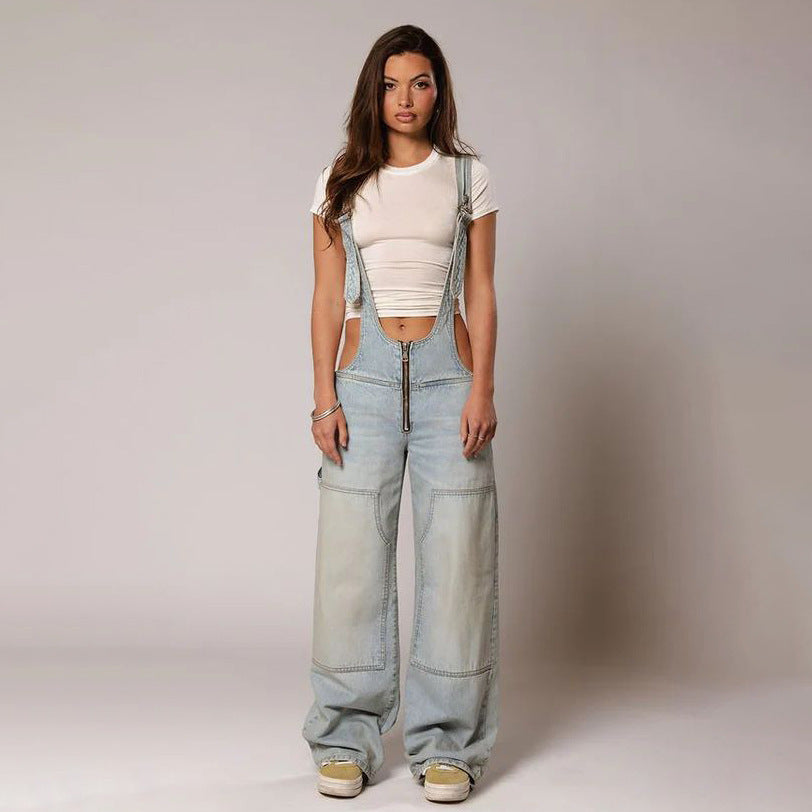 Y2K Zipper Denim Overalls With Pockets Fashion Loose Suspender Jumpsuit Streetwear Jeans Pants Womens Clothing - 𝓢𝓱𝓸𝓹𝓵𝓮𝓬𝔂