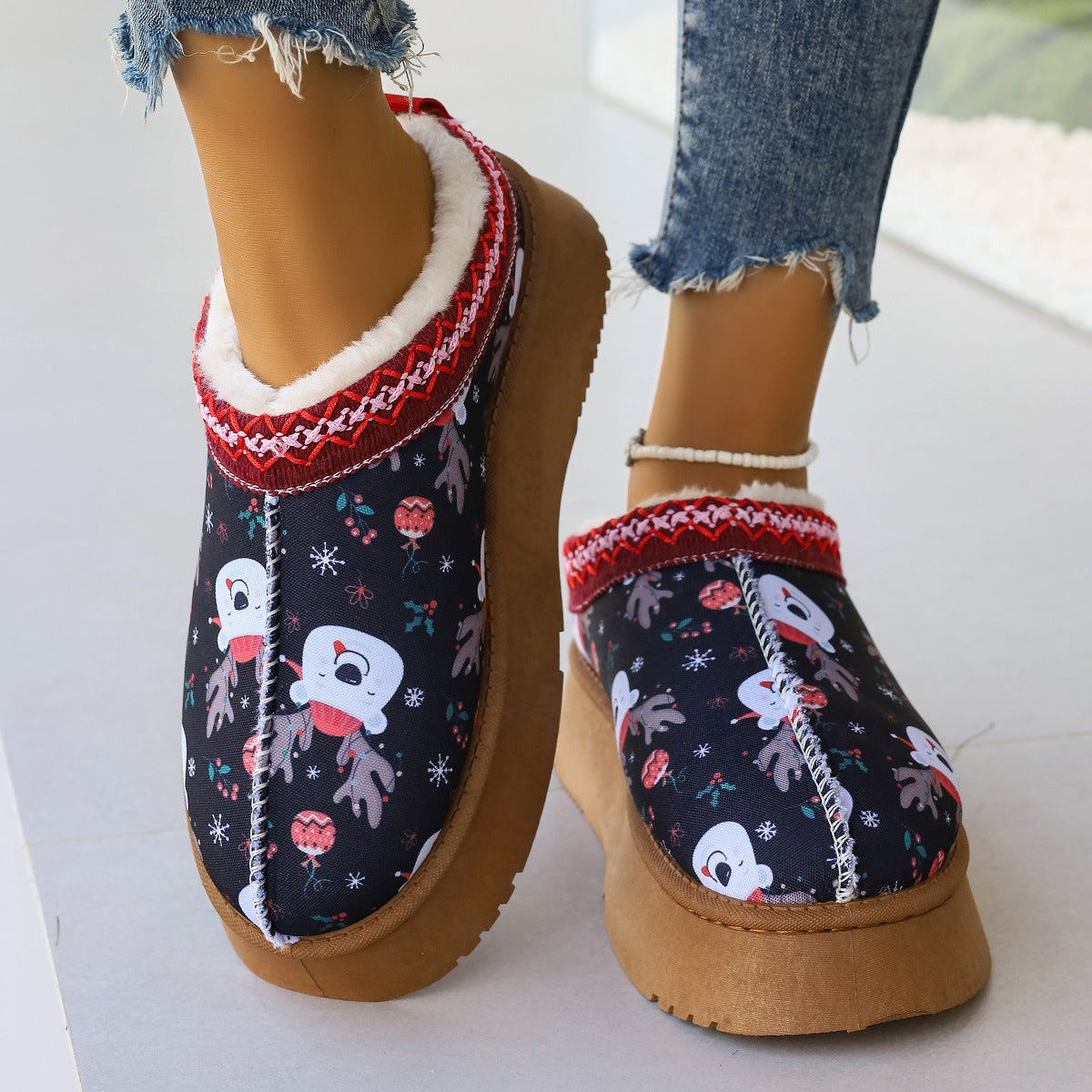 Women's Cartoon Christmas Print Ankle Boots Casual Slip On Plush Lined Home Shoes Comfortable Winter Short Boots - 𝓢𝓱𝓸𝓹𝓵𝓮𝓬𝔂
