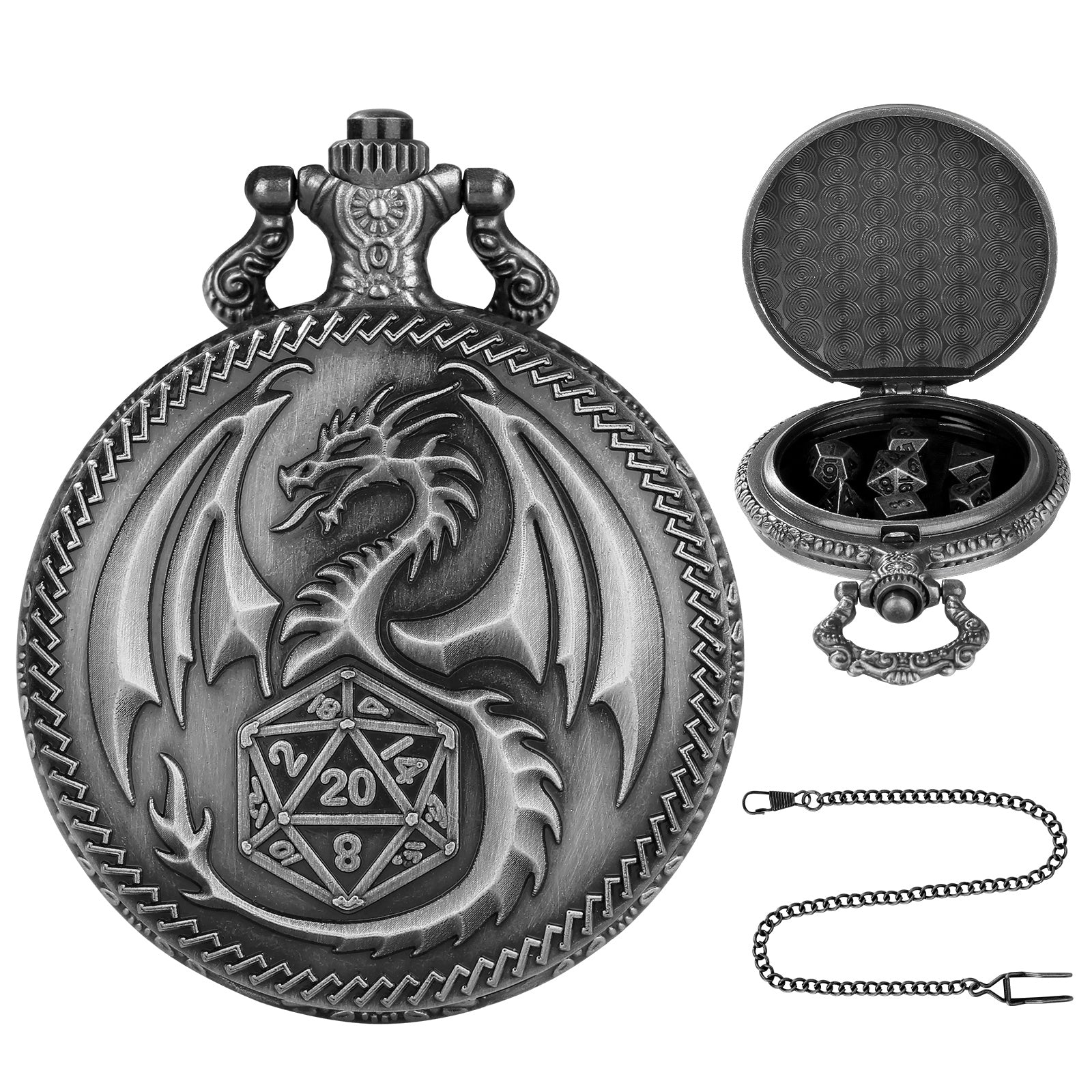 Dragon Pocket Watch Set With Thick Chain And Mini DND Dice Set Equipped With 7 Game Polyhedral Metal Dice Dragon And Dungeon Tabletop Role-playing Game Dice - 𝓢𝓱𝓸𝓹𝓵𝓮𝓬𝔂