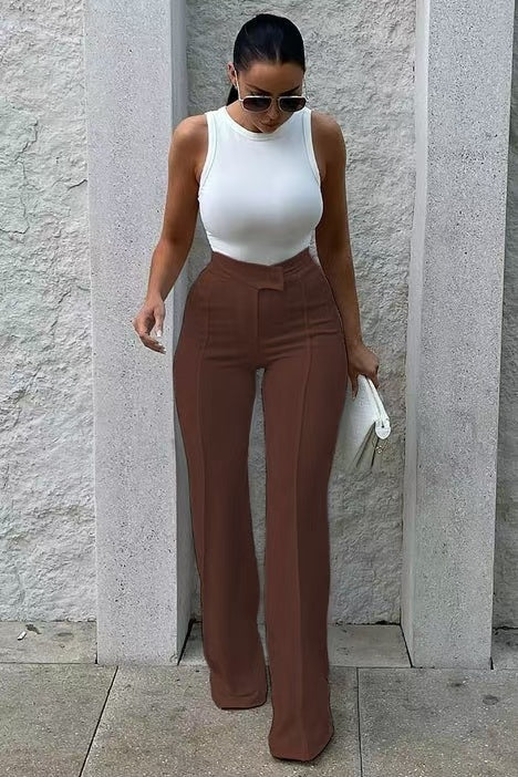 Slim Straight-leg Pants With Buckle Fashion Solid Color Trousers For Womens Clothing - 𝓢𝓱𝓸𝓹𝓵𝓮𝓬𝔂