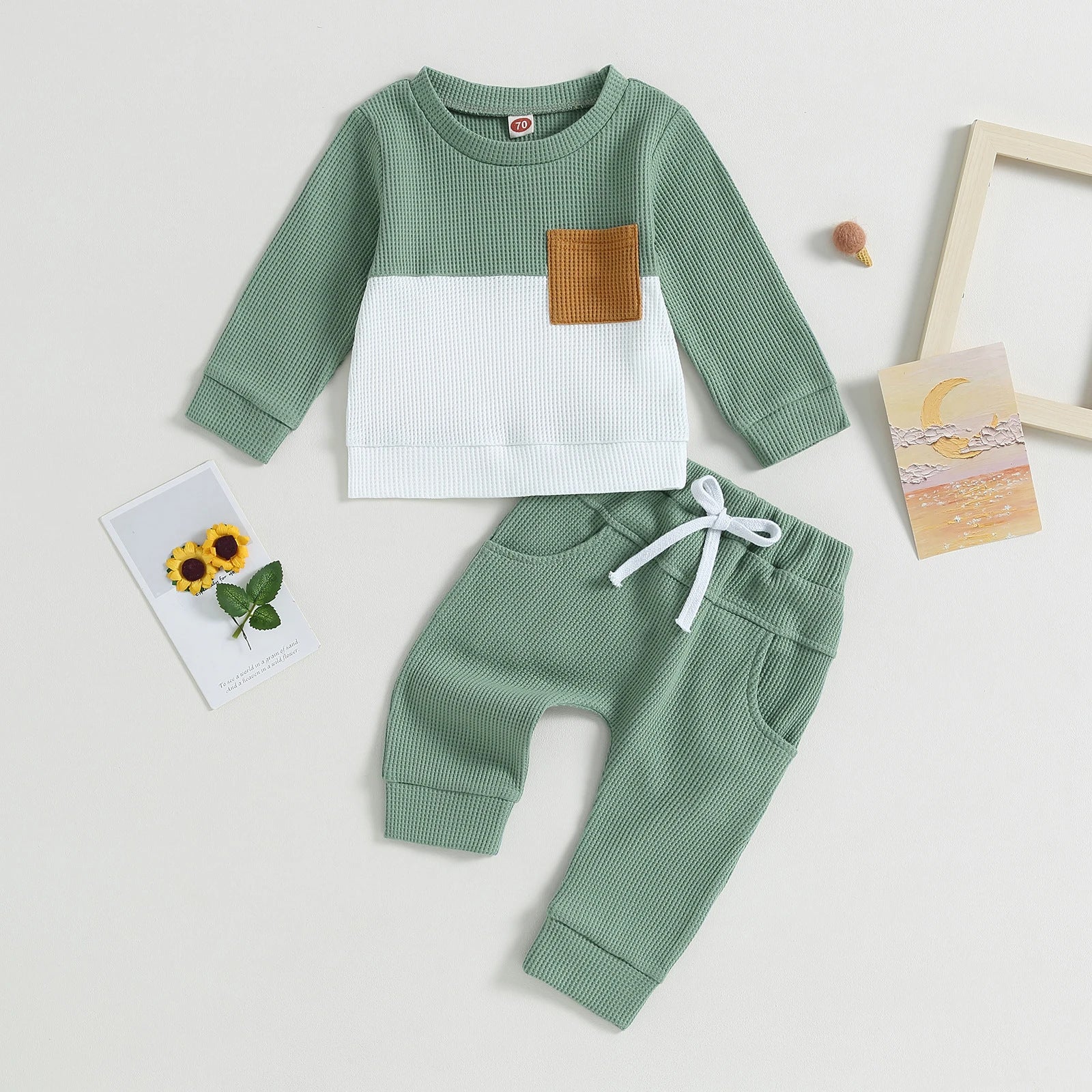 Color Matching Pocket Waffle Sweater Lace-up Sweatpants 2-Piece Children's Fashion Casual Wear Baby Suit - 𝓢𝓱𝓸𝓹𝓵𝓮𝓬𝔂