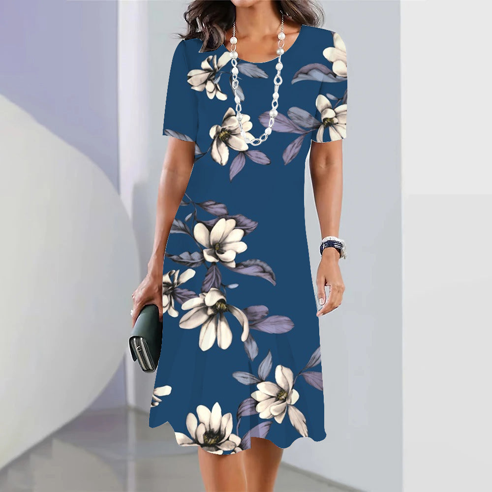 3d Floral Blue Printed Round Neck Fashion Party Dress - 𝓢𝓱𝓸𝓹𝓵𝓮𝓬𝔂