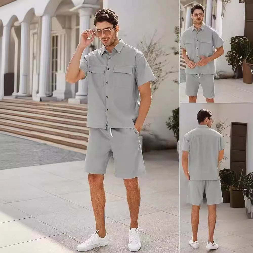 Summer Suits Men Short Sleeve Lapel Pockets Shirt And Drawstring Shorts Sports Fashion Leisure Men's Clothing - 𝓢𝓱𝓸𝓹𝓵𝓮𝓬𝔂