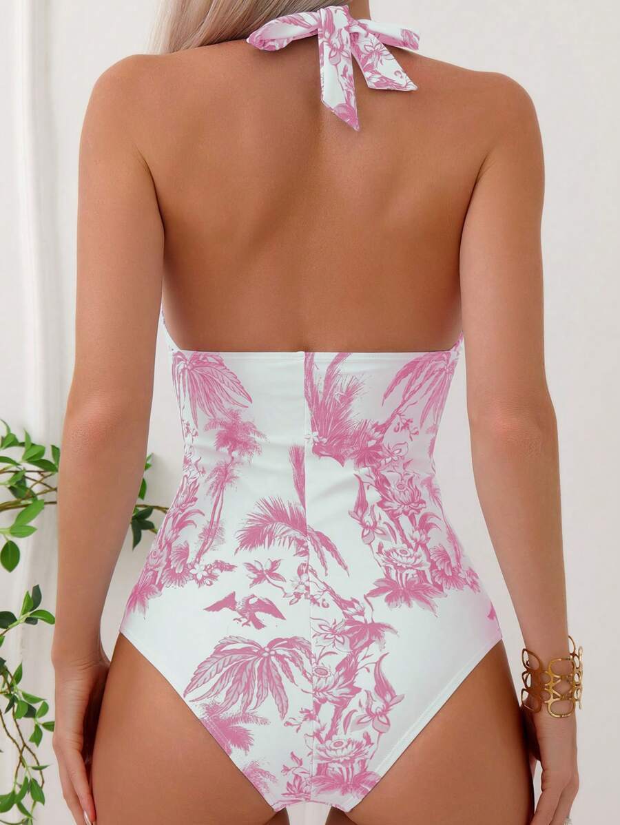 Women's Printed V-neck One-piece Swimsuit