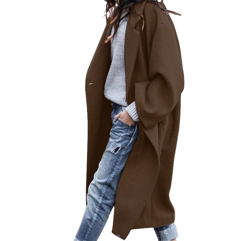 Casual Long Jacket With Pockets Solid Color Single Breasted Lapel Woolen Coat For Women Warm Winter Clothing - 𝓢𝓱𝓸𝓹𝓵𝓮𝓬𝔂