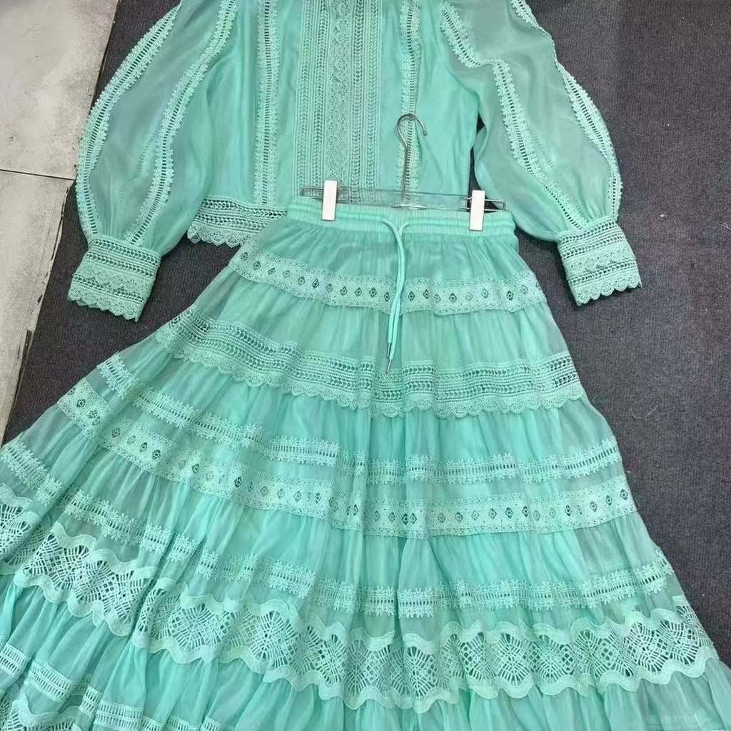 Australia Foreign Trade Fall New Suit Lace Patchwork Top Lace Waist-slimming Long Dress Suit For Women 