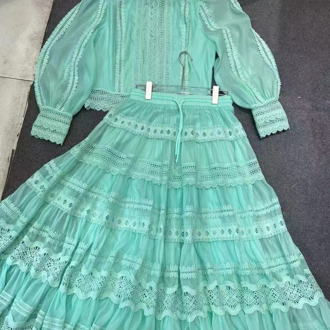 Australia Foreign Trade Fall New Suit Lace Patchwork Top Lace Waist-slimming Long Dress Suit For Women 