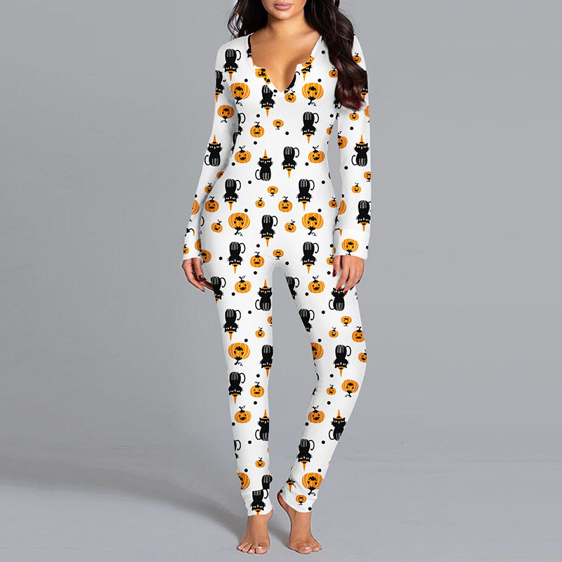 Halloween Printed Jumpsuit Long Sleeve Home Pajamas Casual Trousers Women's Cos Clothing - 𝓢𝓱𝓸𝓹𝓵𝓮𝓬𝔂