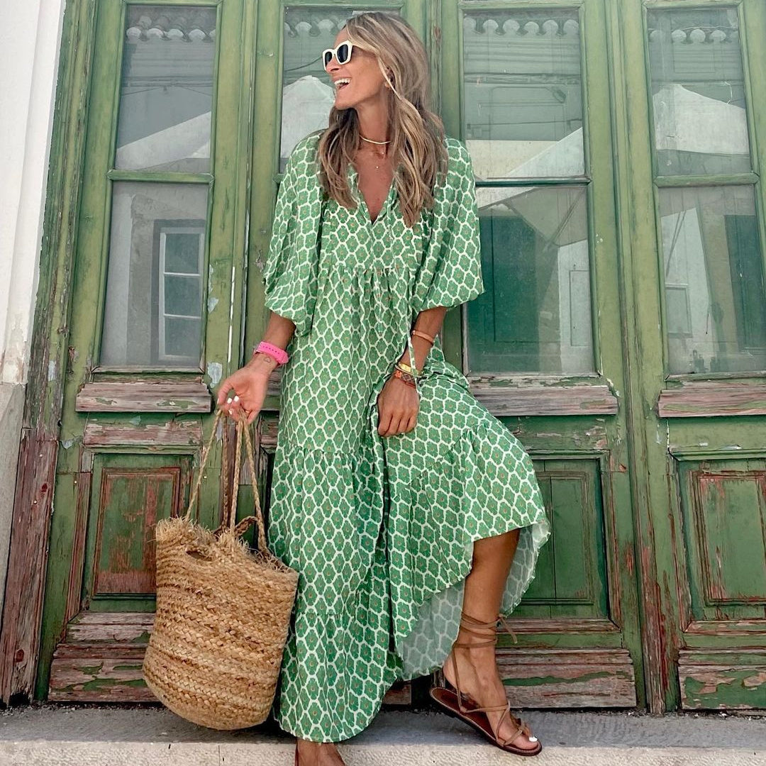 Summer Women's Vintage Printed Bohemian Dress Elegant Ladies Casual Loose V-Neck Short Sleeve Long Dresses - 𝓢𝓱𝓸𝓹𝓵𝓮𝓬𝔂