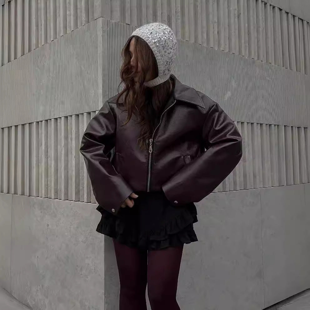 Solid Color Lapel Zipper Jacket Fashion Casual Long Sleeve Leather Coat Tops Women Clothing - 𝓢𝓱𝓸𝓹𝓵𝓮𝓬𝔂