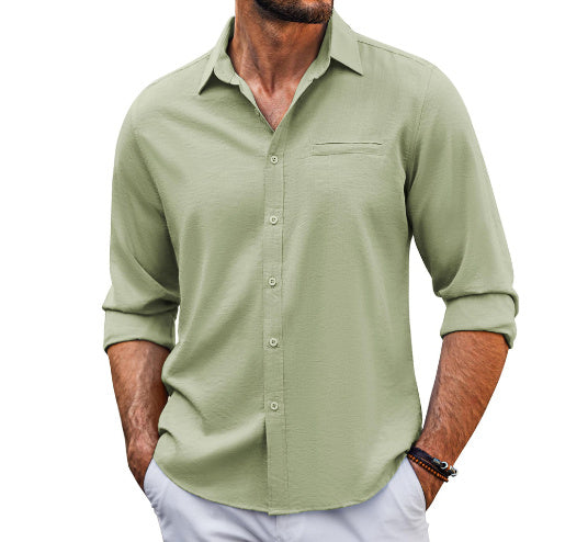 Casual  Long Sleeve Shirt With Pocket Lace Polo Collar Solid Color Button Mens Clothing - 𝓢𝓱𝓸𝓹𝓵𝓮𝓬𝔂