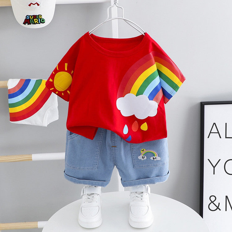 Boys And Girls Short-sleeved Denim Five-point Pants Two-piece Cute Pants Suit Cotton Short-sleeved - 𝓢𝓱𝓸𝓹𝓵𝓮𝓬𝔂