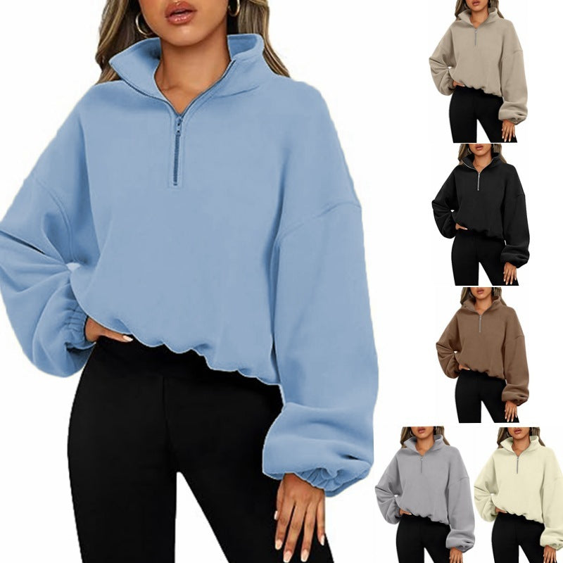 Loose Sport Pullover Hoodie Women Winter Solid Color Zipper Stand Collar Sweatshirt Thick Warm Clothing - 𝓢𝓱𝓸𝓹𝓵𝓮𝓬𝔂