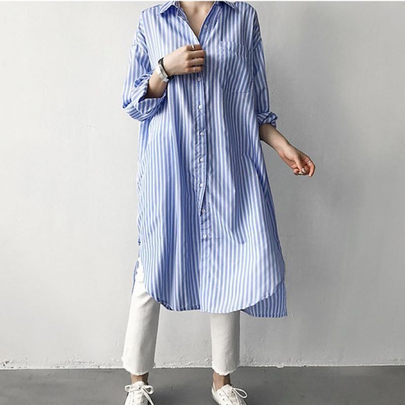 Early Autumn Lazy Cold Style Mid-length Striped Shirt - 𝓢𝓱𝓸𝓹𝓵𝓮𝓬𝔂