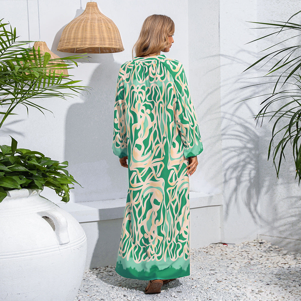 V-neck Abstract Printing Loose Long Style Long Sleeve Women's Dress - 𝓢𝓱𝓸𝓹𝓵𝓮𝓬𝔂