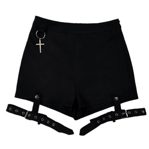 Summer Punk Rock Women's Shorts Sexy Cross Ring Hanging Ornament Summer Fashion Black Shorts - 𝓢𝓱𝓸𝓹𝓵𝓮𝓬𝔂