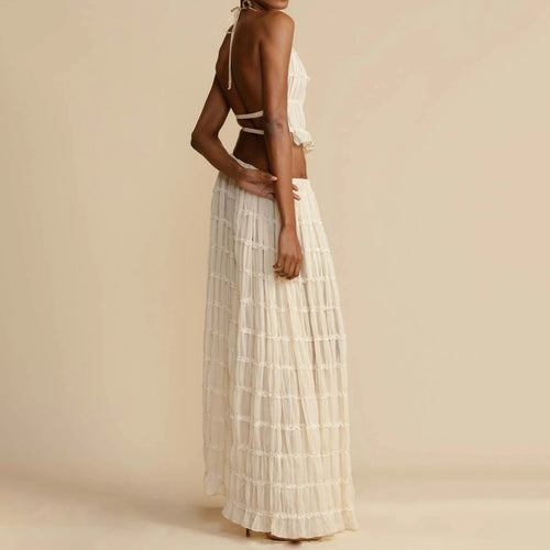 2pcs Women's Dress Suit Sexy Sleeveless Backless Cropped Halter Top And Pleated Long Skirt Beach Clothing - 𝓢𝓱𝓸𝓹𝓵𝓮𝓬𝔂