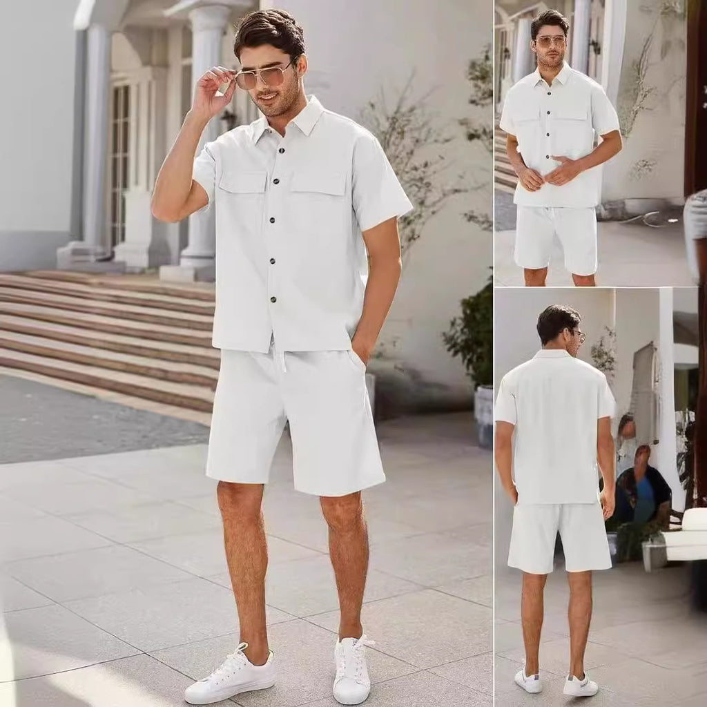 Summer Suits Men Short Sleeve Lapel Pockets Shirt And Drawstring Shorts Sports Fashion Leisure Men's Clothing - 𝓢𝓱𝓸𝓹𝓵𝓮𝓬𝔂