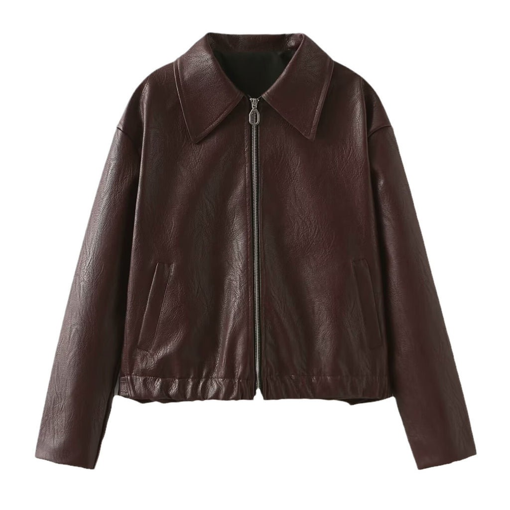 Solid Color Lapel Zipper Jacket Fashion Casual Long Sleeve Leather Coat Tops Women Clothing - 𝓢𝓱𝓸𝓹𝓵𝓮𝓬𝔂
